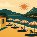 Illustration style affiche vintage 1950 d'un club de vacances les pieds dans l'eau dans une baie corse, parasols et montagnes