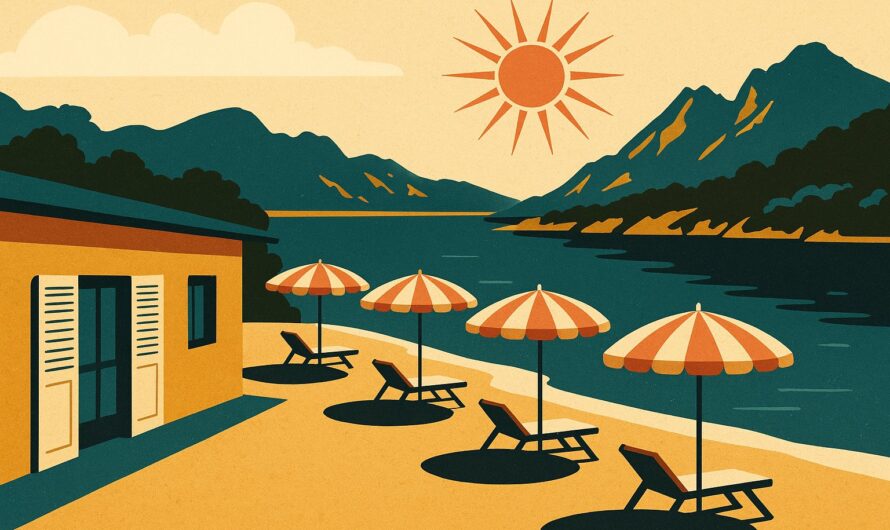 Illustration style affiche vintage 1950 d'un club de vacances les pieds dans l'eau dans une baie corse, parasols et montagnes