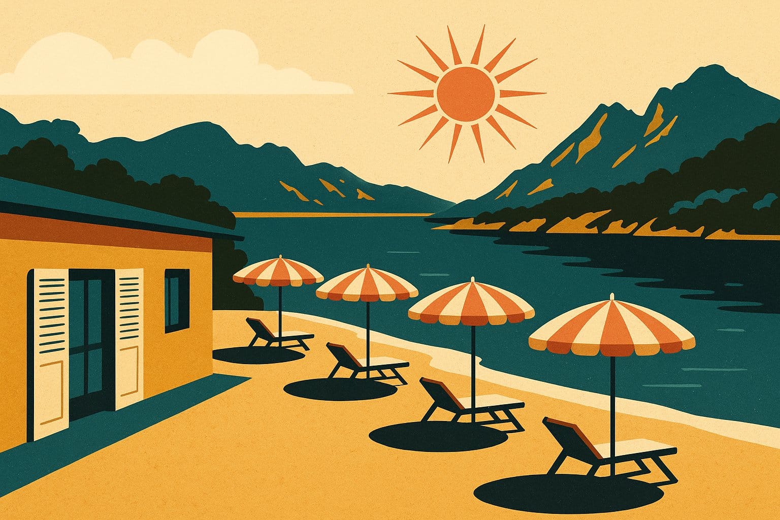 Illustration style affiche vintage 1950 d'un club de vacances les pieds dans l'eau dans une baie corse, parasols et montagnes