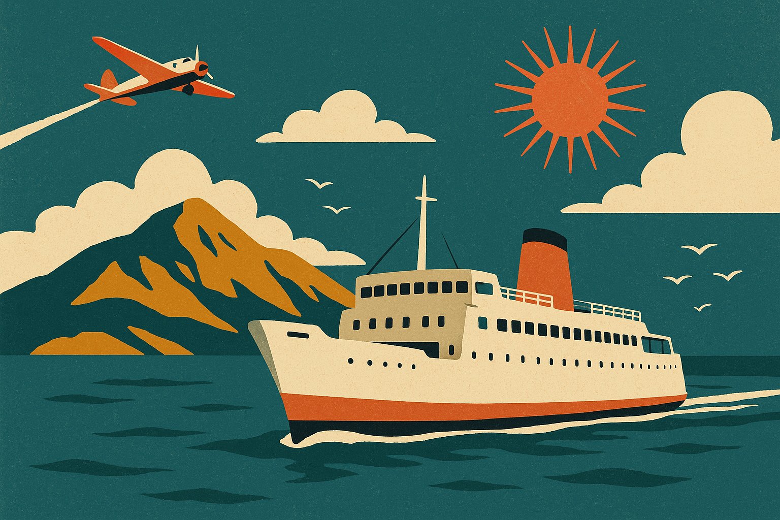 Illustration style affiche vintage 1950 d un ferry et d un avion a helices traversant la mer vers une ile montagneuse