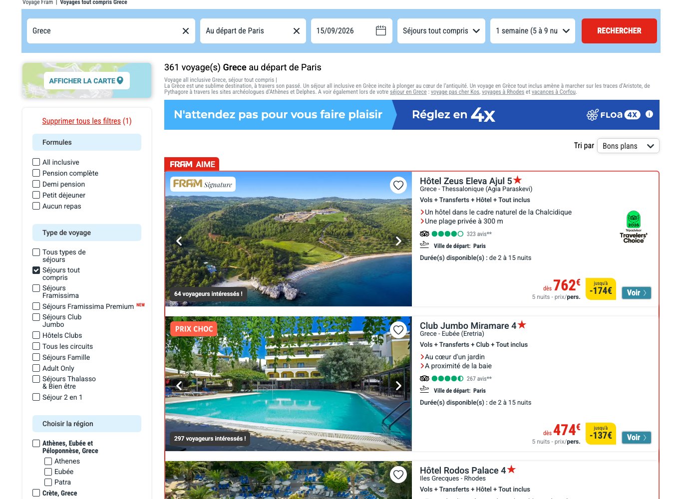 Capture du catalogue Fram : 361 voyages tout compris en Grèce au départ de Paris, le 15 septembre 2026