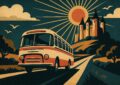 Illustration affiche vintage : autocar rétro sur la route du château du Puy du Fou