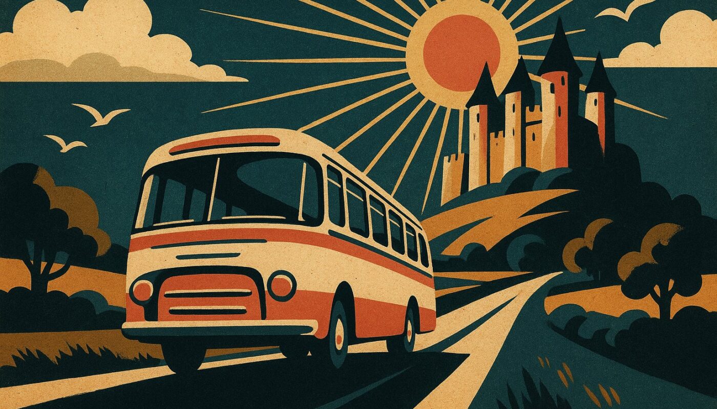 Illustration affiche vintage : autocar rétro sur la route du château du Puy du Fou