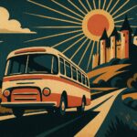 Illustration affiche vintage : autocar rétro sur la route du château du Puy du Fou