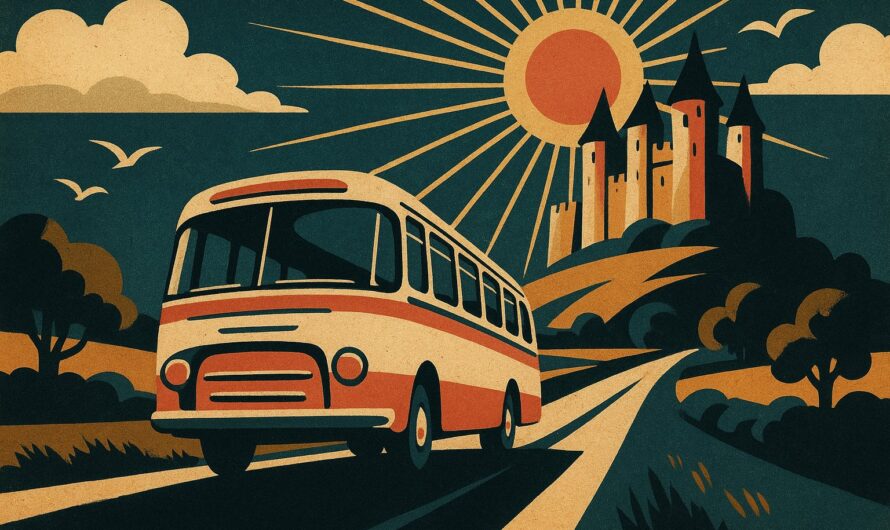 Illustration affiche vintage : autocar rétro sur la route du château du Puy du Fou
