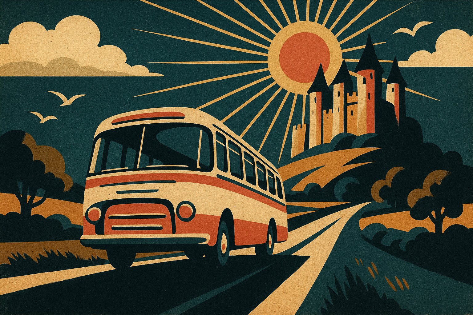 Illustration affiche vintage : autocar rétro sur la route du château du Puy du Fou