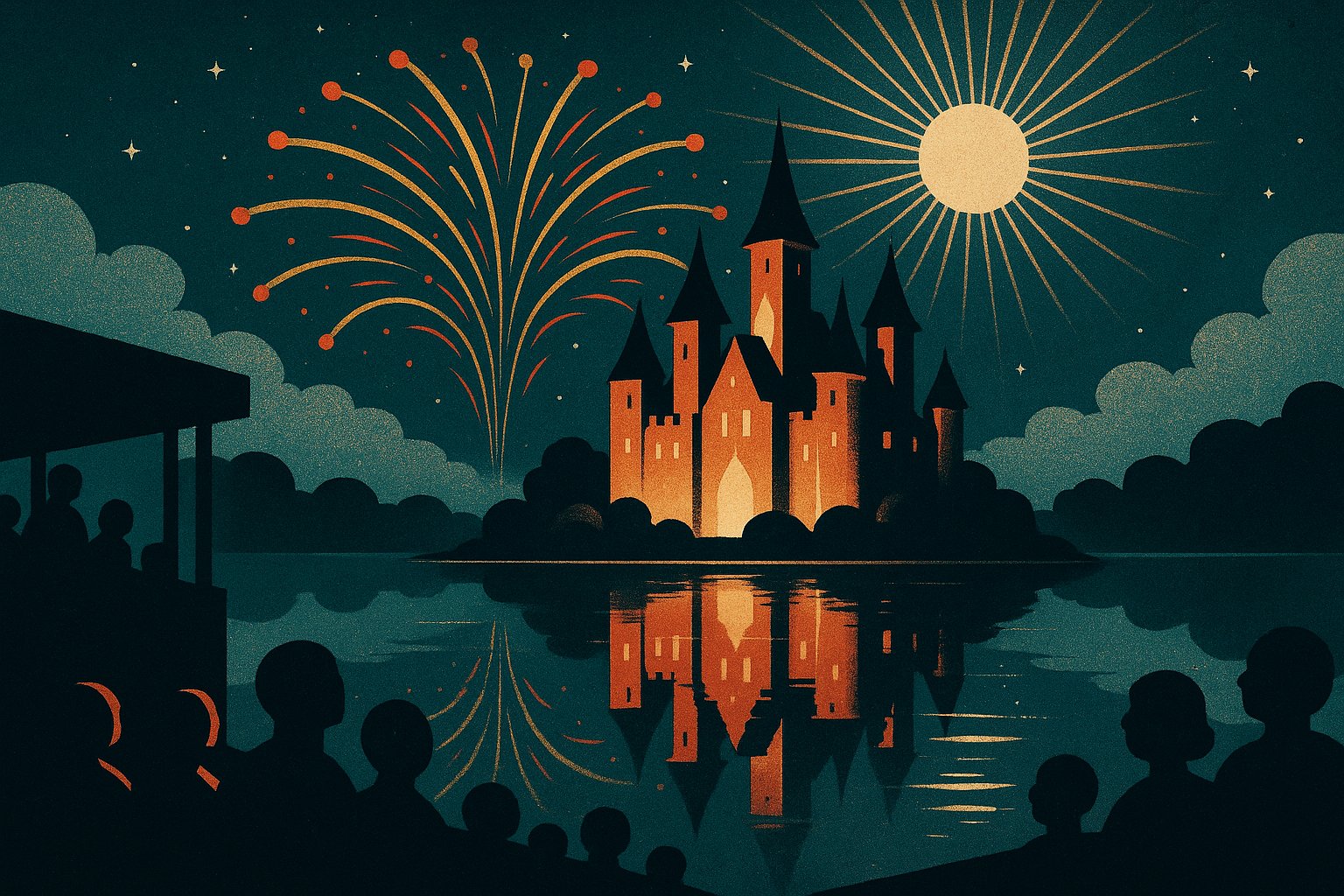 Illustration affiche vintage : château du Puy du Fou illuminé la nuit avec feu d'artifice sur le lac