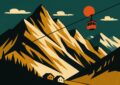 Illustration style affiche de voyage vintage des Alpes autrichiennes avec un telepherique, pour un article sur le voyage en Autriche tout compris
