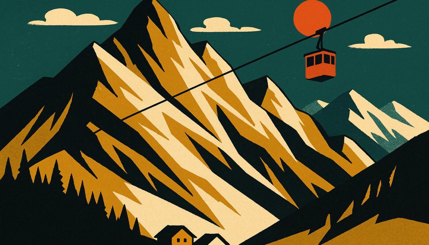 Illustration style affiche de voyage vintage des Alpes autrichiennes avec un telepherique, pour un article sur le voyage en Autriche tout compris