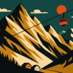 Illustration style affiche de voyage vintage des Alpes autrichiennes avec un telepherique, pour un article sur le voyage en Autriche tout compris