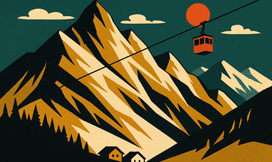 Illustration style affiche de voyage vintage des Alpes autrichiennes avec un telepherique, pour un article sur le voyage en Autriche tout compris