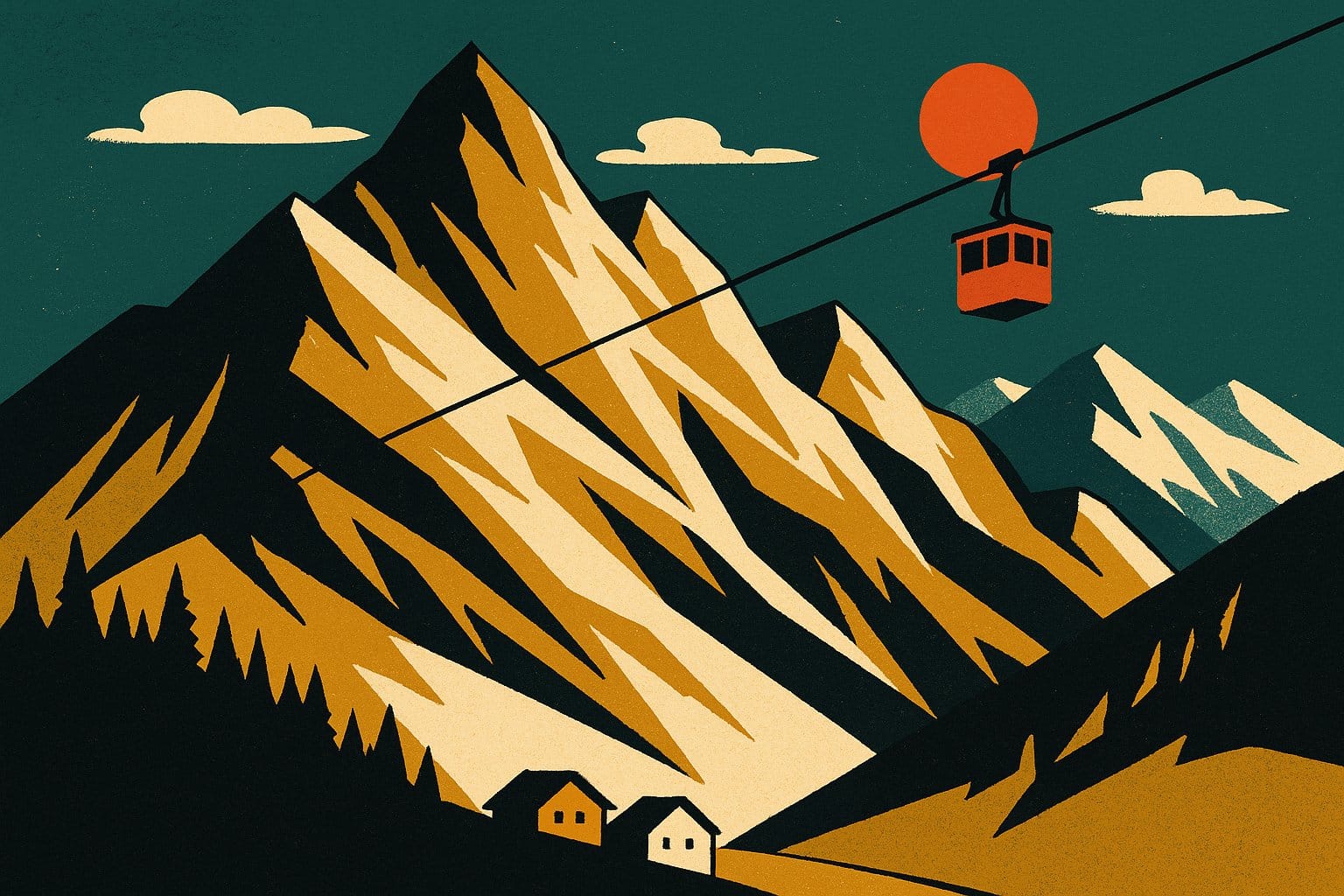 Illustration style affiche de voyage vintage des Alpes autrichiennes avec un telepherique, pour un article sur le voyage en Autriche tout compris