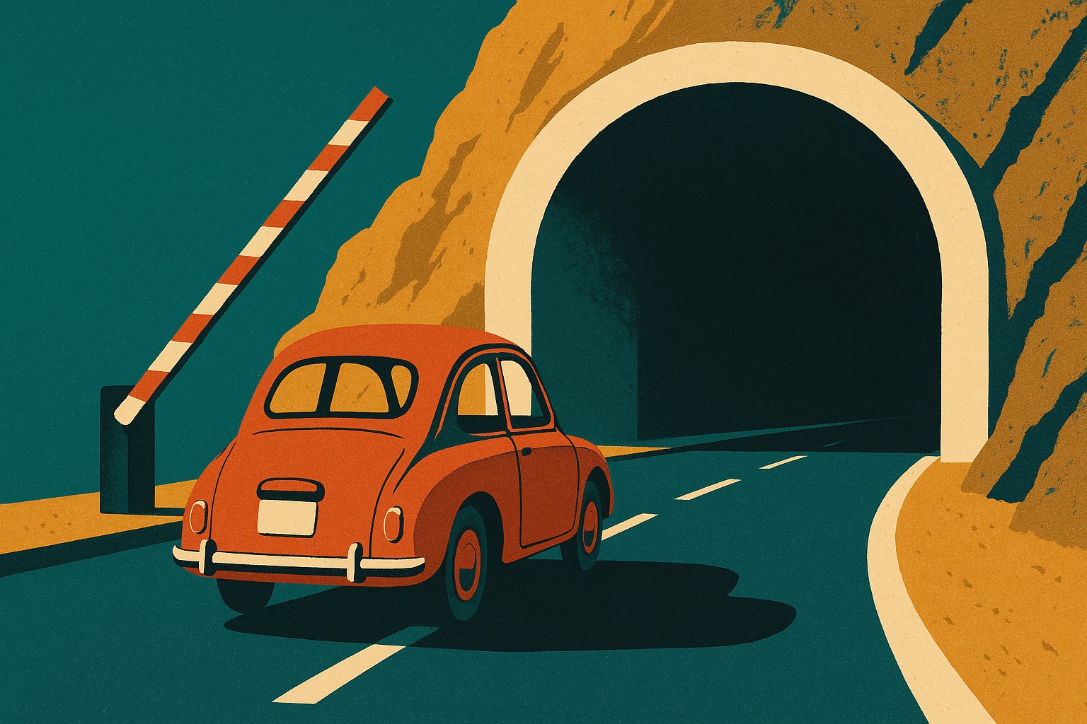 Illustration style affiche vintage d’une voiture arrivant devant un tunnel de montagne avec une barrière de péage