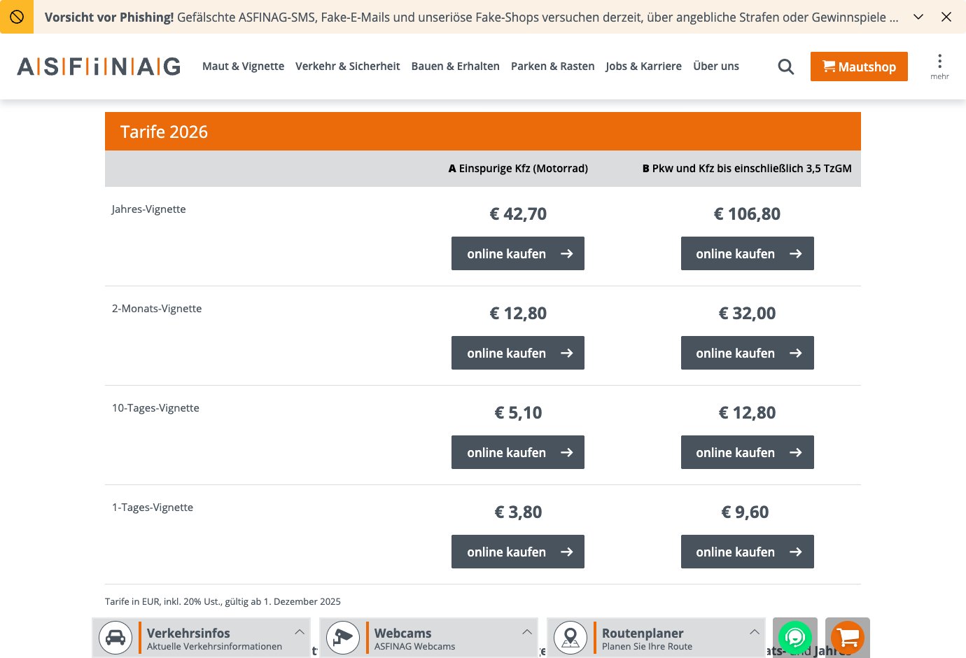 Capture de la grille tarifaire officielle 2026 des vignettes autrichiennes sur le site ASFINAG