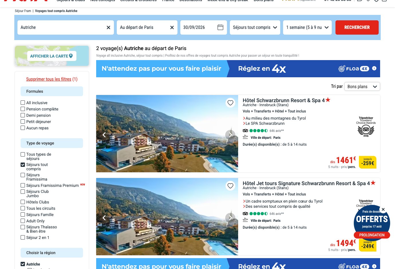 Page de résultats Fram pour un séjour tout compris en Autriche affichant deux offres du même hôtel