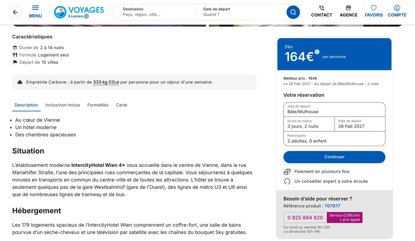 Fiche produit Voyages E.Leclerc du séjour à 164 euros à Vienne, 3 jours et 2 nuits au départ de Bâle Mulhouse