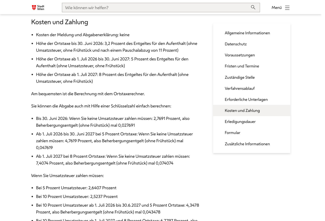 Capture de la page officielle de la Ville de Vienne détaillant les taux de la taxe de séjour