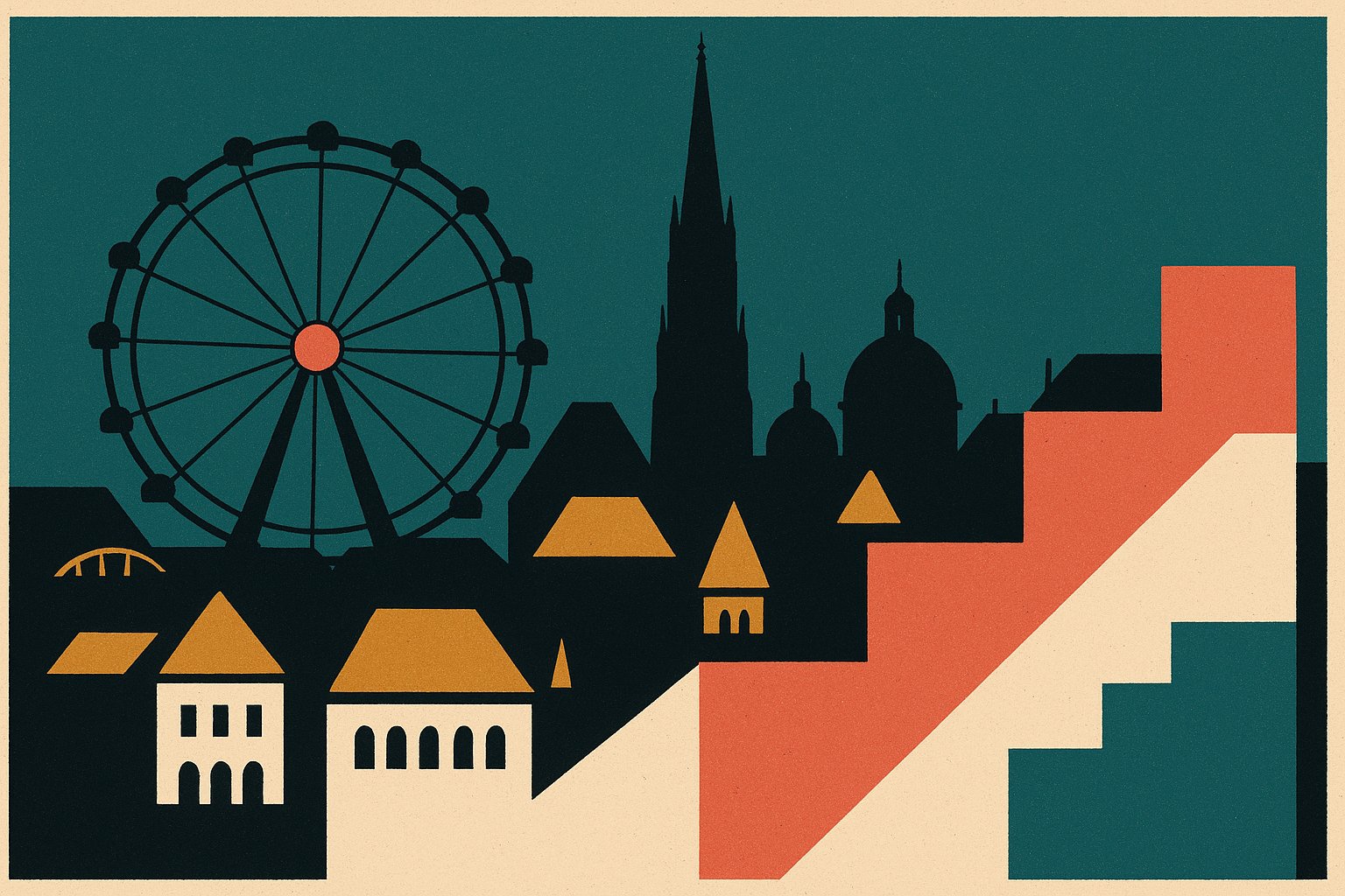 Illustration style affiche vintage de la silhouette de Vienne avec une marche ascendante en aplats