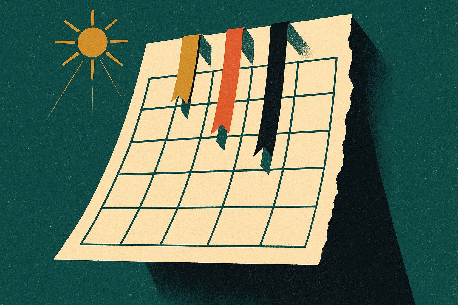Illustration façon affiche de voyage vintage : grande feuille de calendrier vierge marquée par trois rubans de couleur, dont le tiers droit est arraché