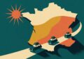 Carte de France divisée en trois zones de vacances scolaires avec trois voitures qui partent en décalé, illustration façon affiche vintage