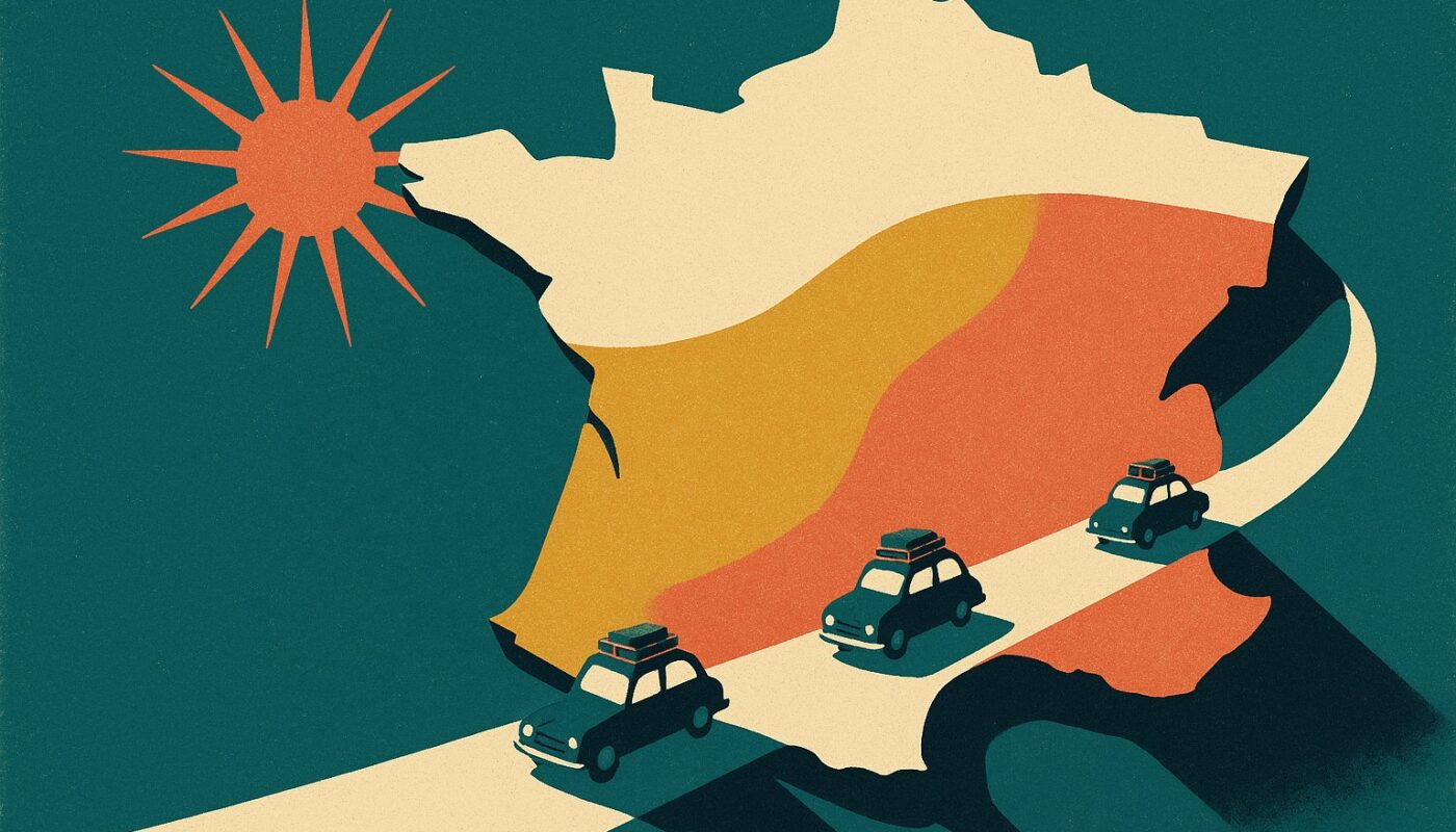 Carte de France divisée en trois zones de vacances scolaires avec trois voitures qui partent en décalé, illustration façon affiche vintage