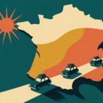 Carte de France divisée en trois zones de vacances scolaires avec trois voitures qui partent en décalé, illustration façon affiche vintage