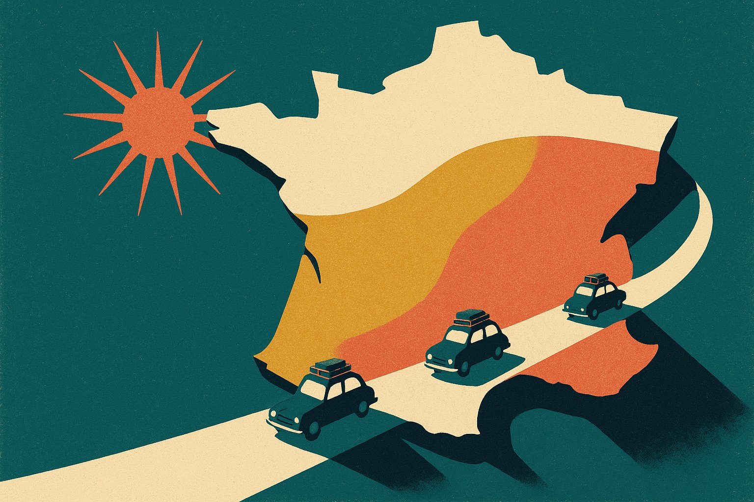 Carte de France divisée en trois zones de vacances scolaires avec trois voitures qui partent en décalé, illustration façon affiche vintage