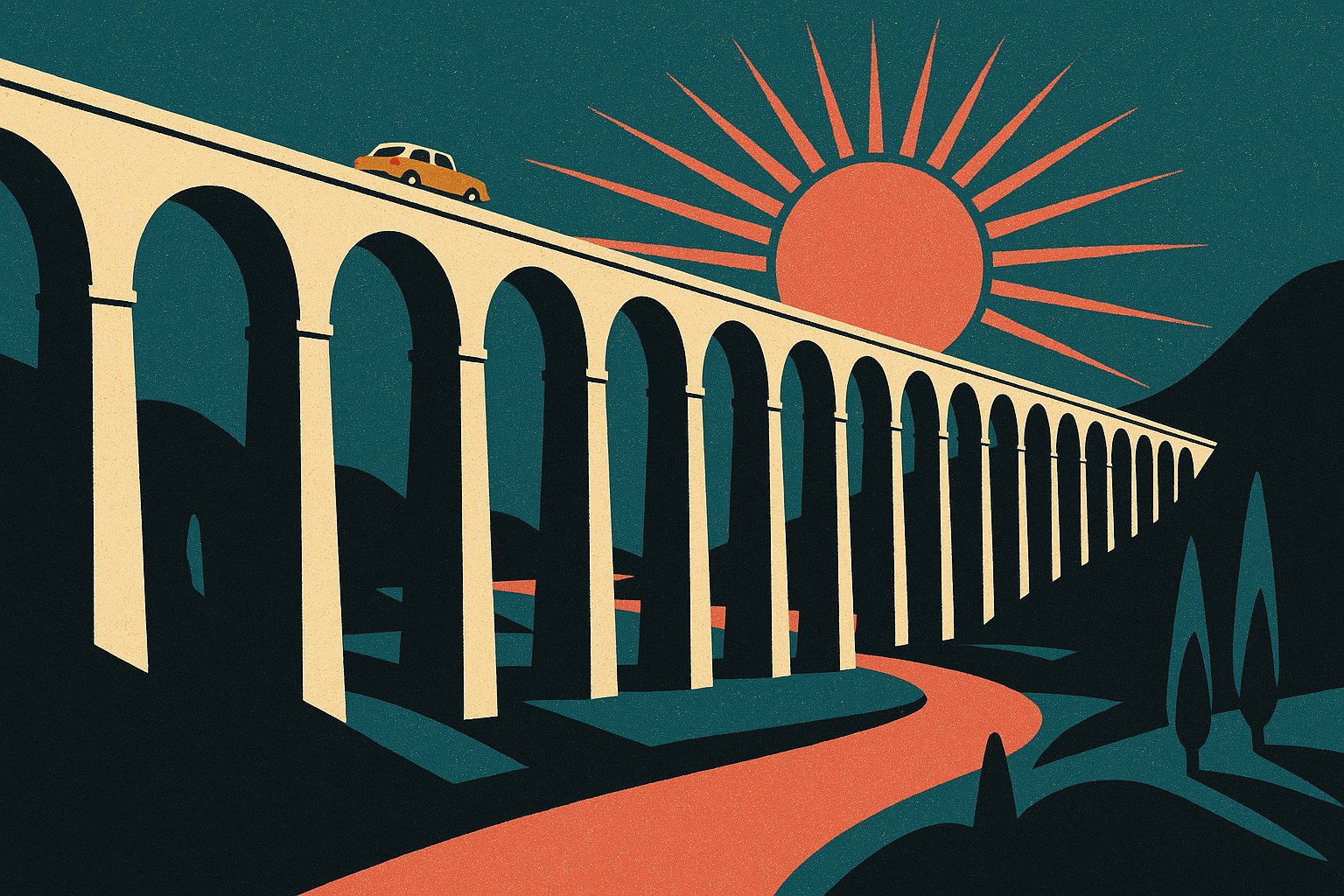 Illustration façon affiche de voyage vintage : un viaduc à arches traversé par une voiture des années 50, devant un grand soleil corail
