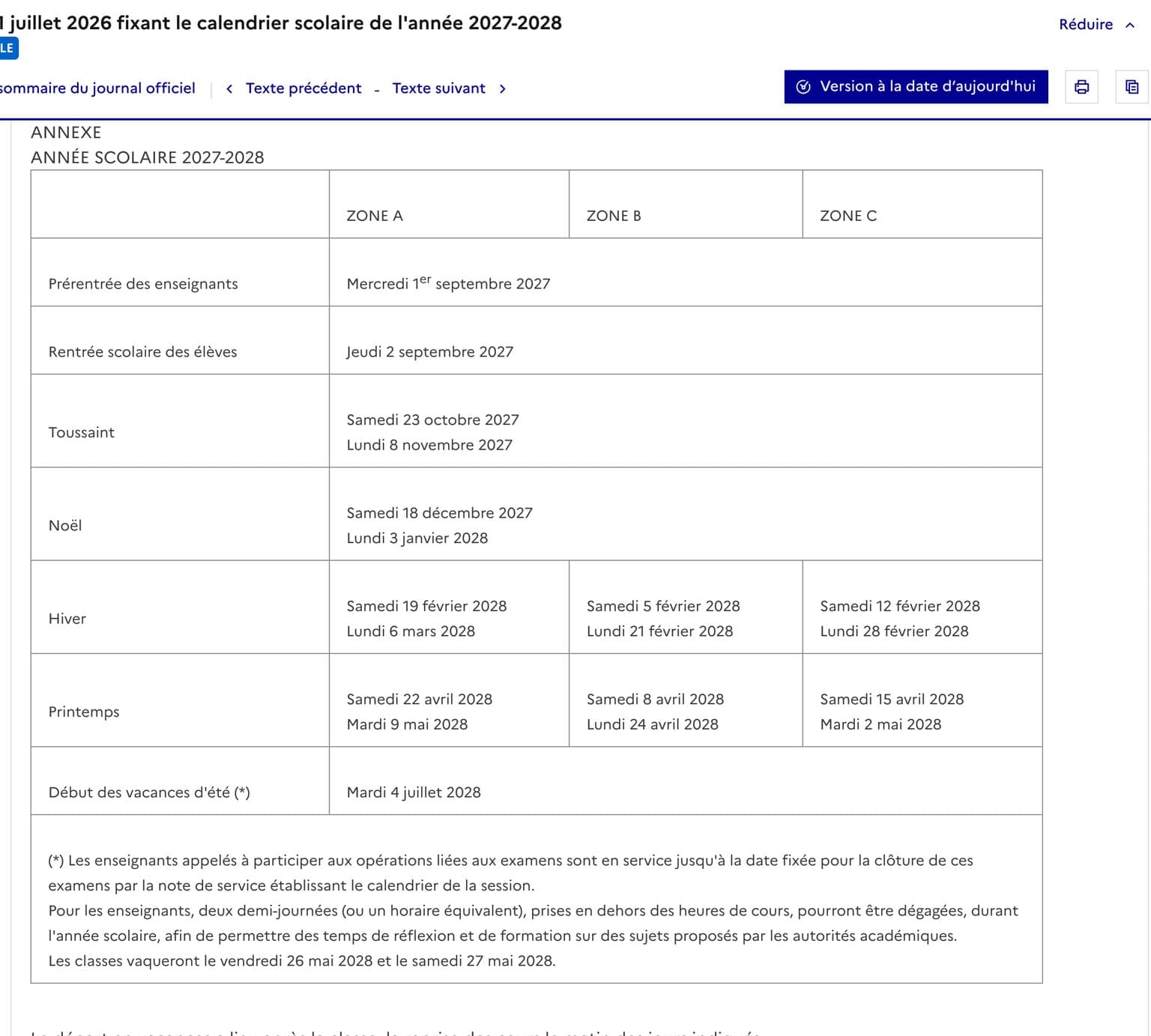 Annexe de l'arrêté du 21 juillet 2026 sur Légifrance : tableau des dates de vacances scolaires 2027-2028 pour les zones A, B et C