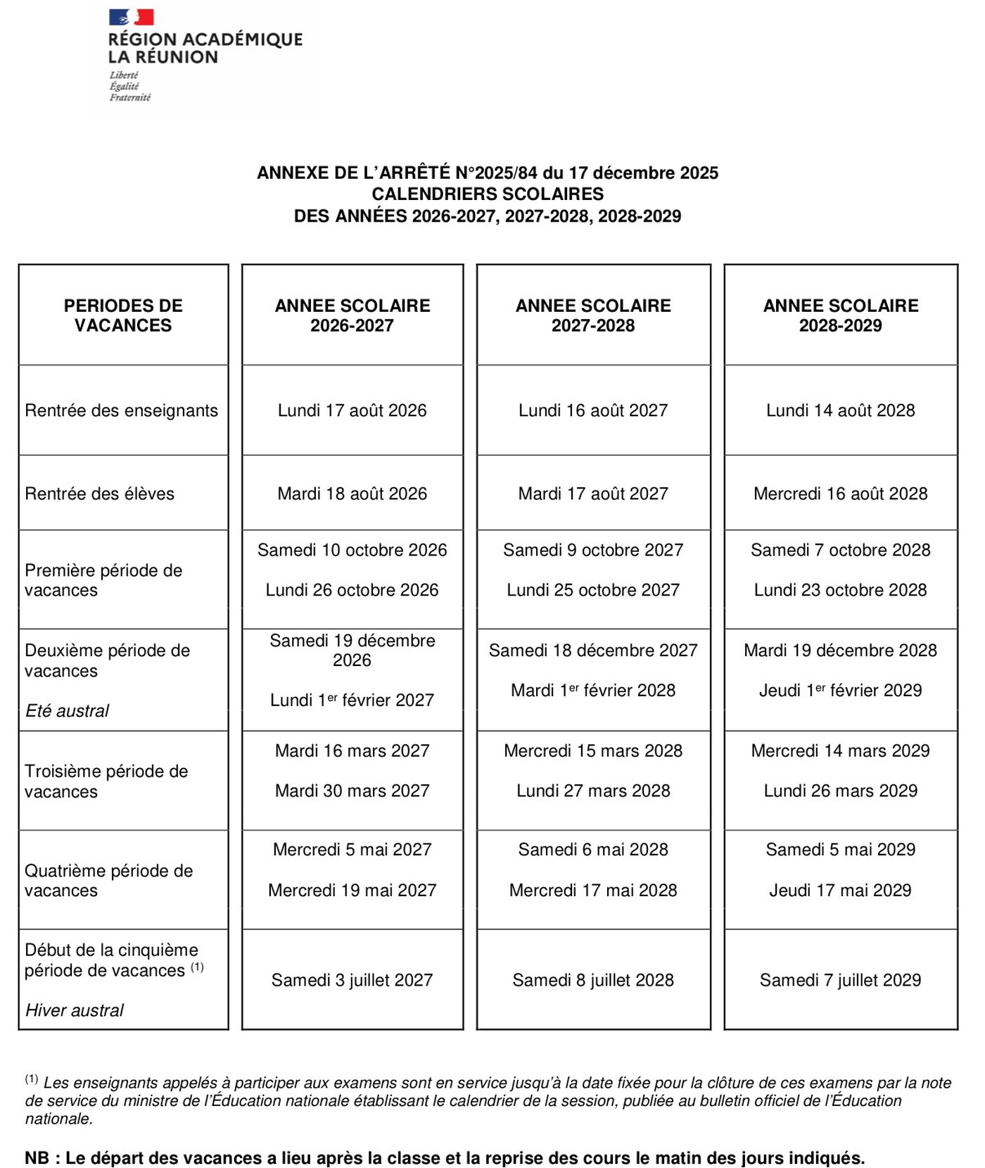 Annexe de l'arrêté n° 2025/84 du 17 décembre 2025 de la région académique La Réunion, avec les calendriers scolaires 2026-2027, 2027-2028 et 2028-2029