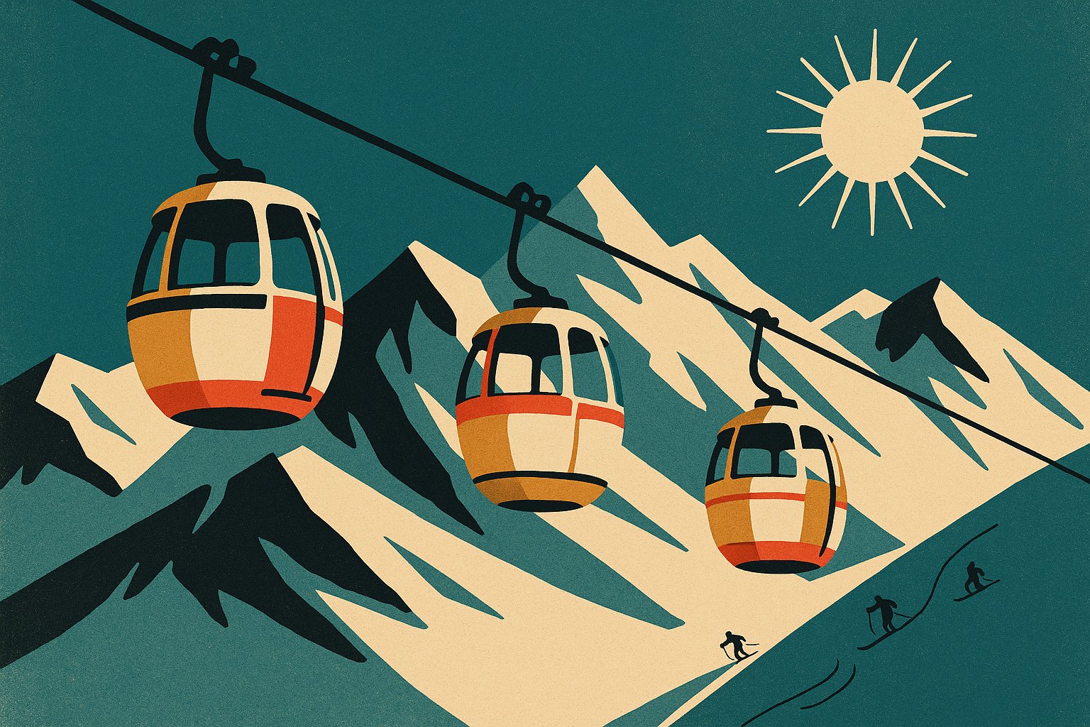 Illustration façon affiche de voyage vintage : trois télécabines espacées sur un même câble au-dessus de montagnes enneigées