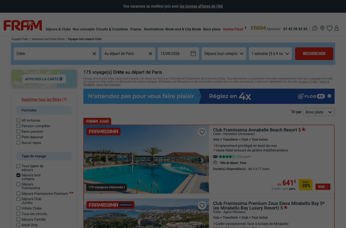 Capture du catalogue Fram en ligne : 175 séjours en Crète au départ de Paris, carte du Club Framissima Annabelle Beach 5 étoiles à 641 euros pour 5 nuits