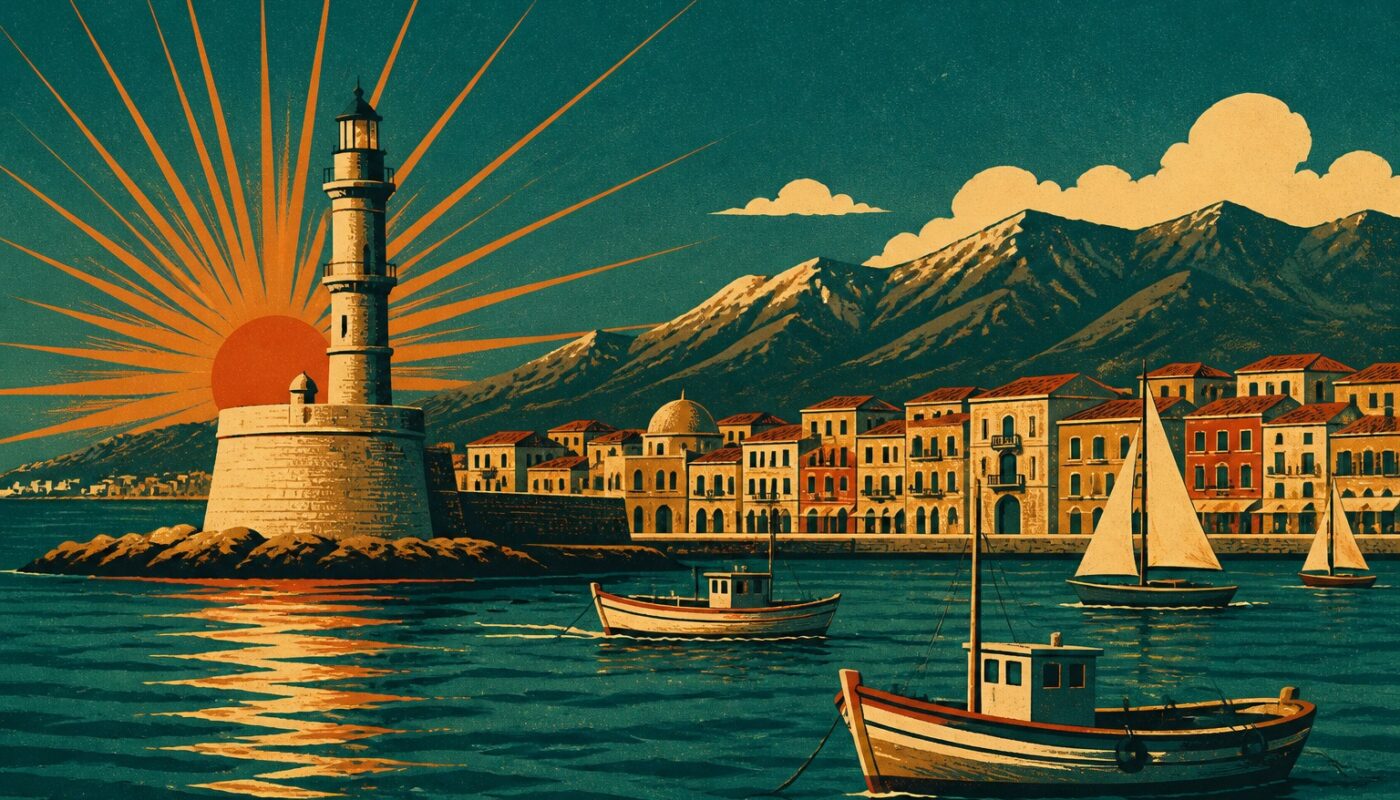 Affiche vintage de voyage : phare du port vénitien de La Canée, voiliers et montagnes en Crète, soleil rayonnant corail