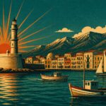 Affiche vintage de voyage : phare du port vénitien de La Canée, voiliers et montagnes en Crète, soleil rayonnant corail