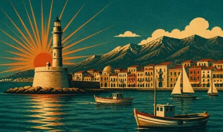 Affiche vintage de voyage : phare du port vénitien de La Canée, voiliers et montagnes en Crète, soleil rayonnant corail