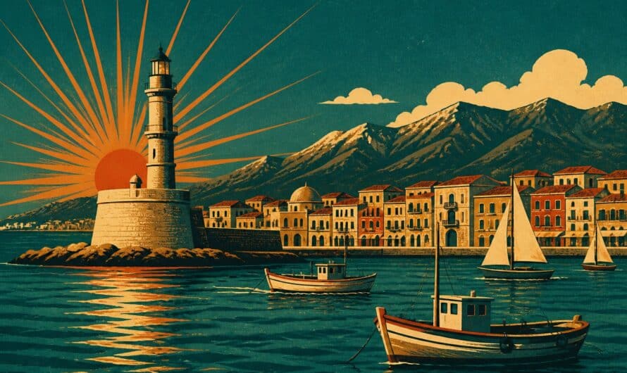 Affiche vintage de voyage : phare du port vénitien de La Canée, voiliers et montagnes en Crète, soleil rayonnant corail