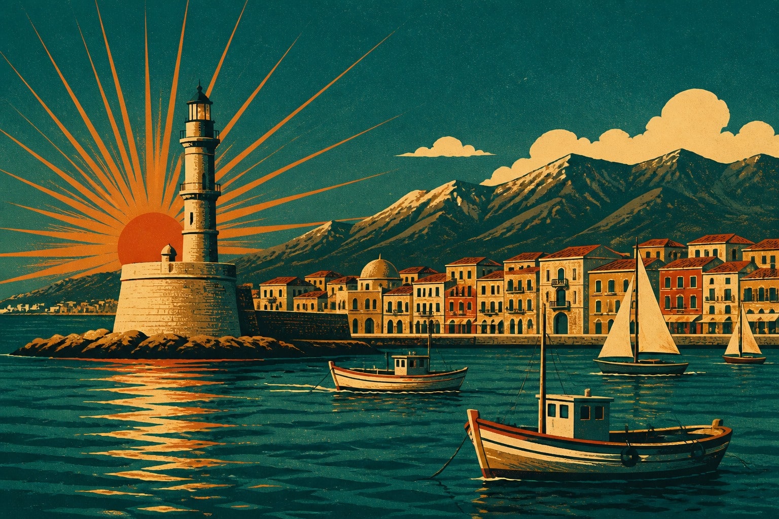 Affiche vintage de voyage : phare du port vénitien de La Canée, voiliers et montagnes en Crète, soleil rayonnant corail