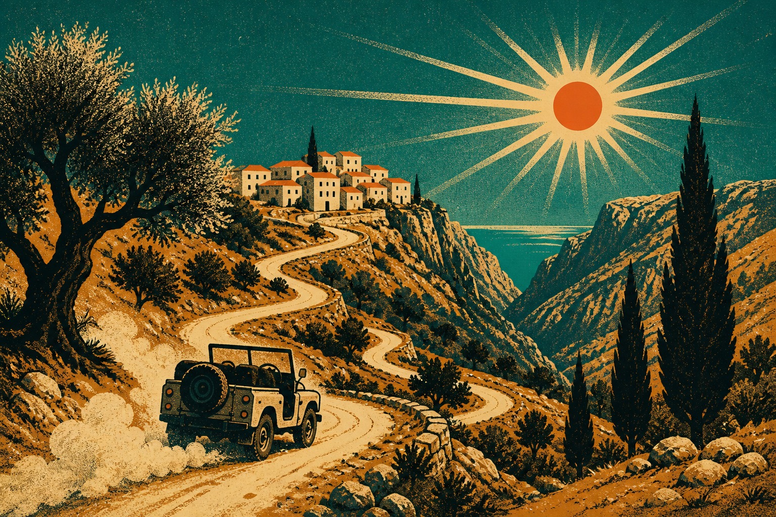 Affiche vintage : jeep sur une route de montagne crétoise, village blanc perché au-dessus d&rsquo;une gorge