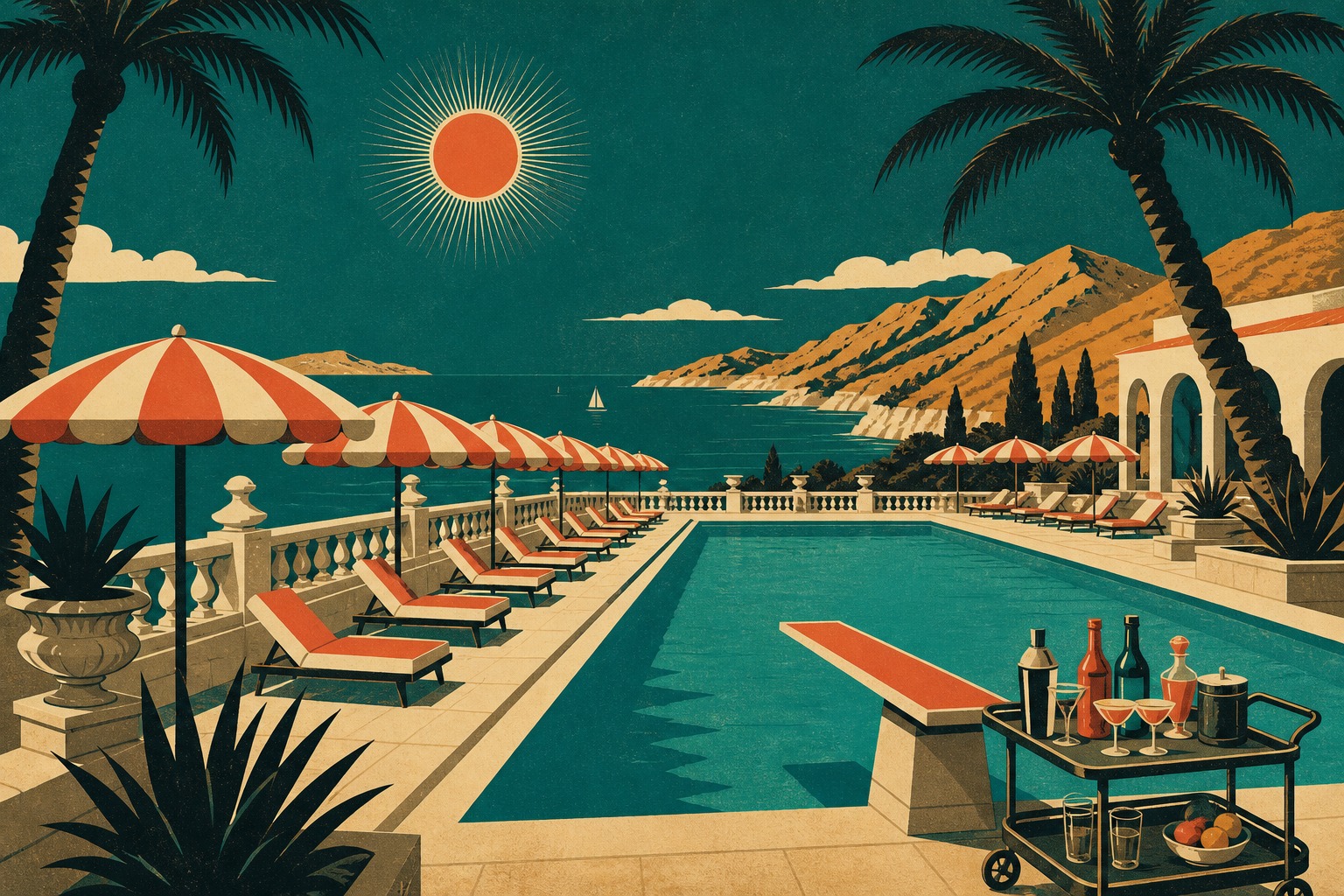 Affiche vintage : terrasse de club face à la mer en Crète, piscine turquoise, parasols rayés corail et crème