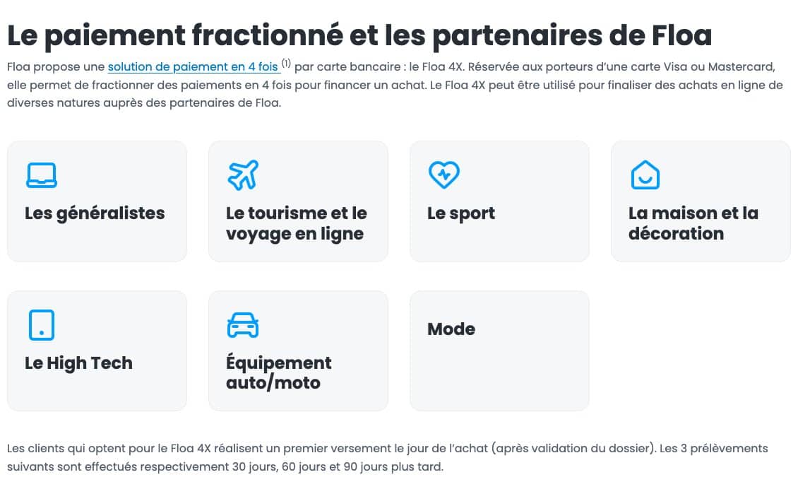 Page de Floa presentant le paiement en plusieurs fois : premier versement le jour de l achat puis prelevements a 30, 60 et 90 jours