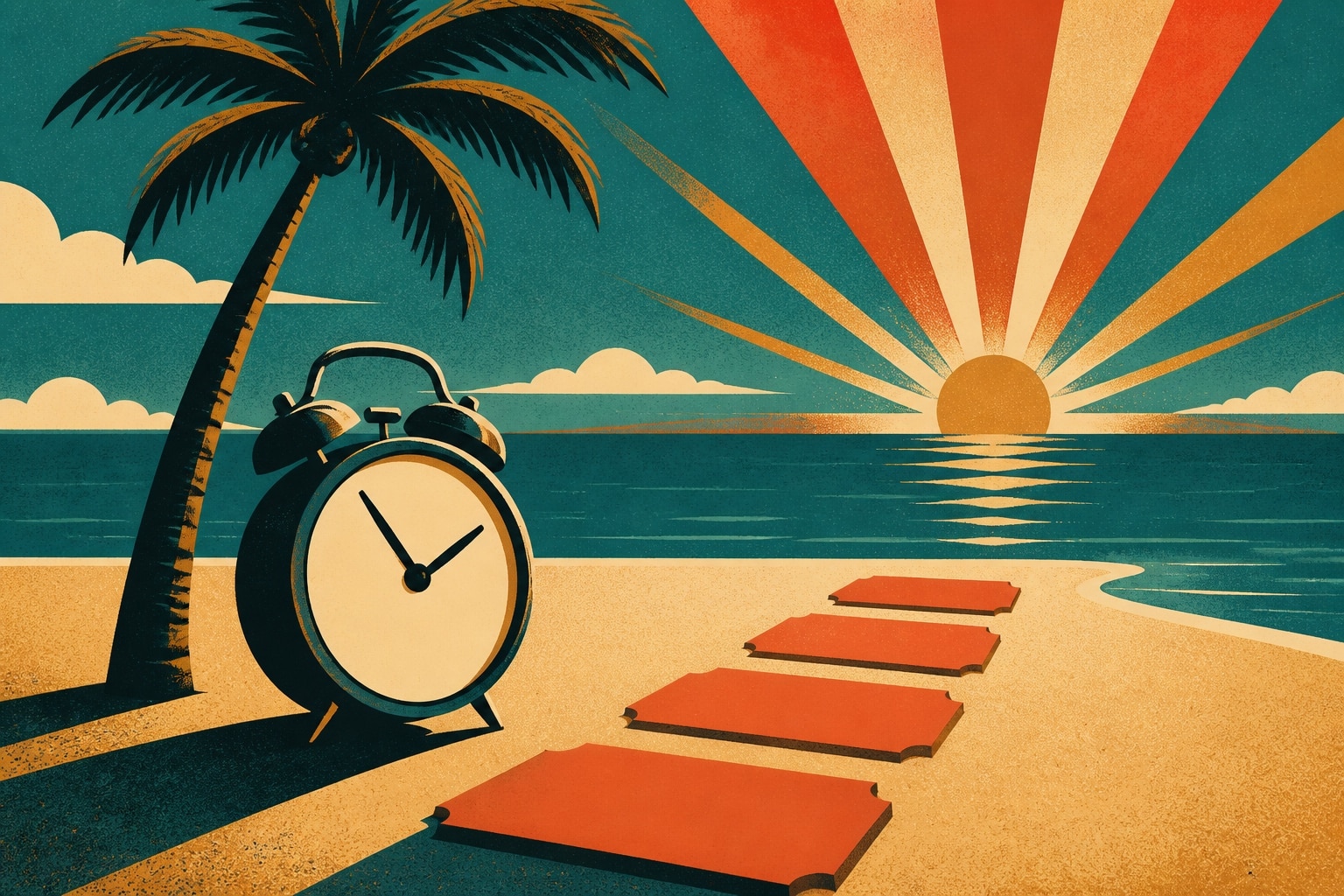 Reveil de style retro pose sur une plage aupres d un palmier, avec quatre tickets en pas de passerelle vers la mer