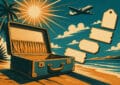 Illustration façon affiche de voyage vintage : une valise ouverte sur une plage au soleil rayonnant, quatre titres de transport posés en escalier et un avion d'époque en fond