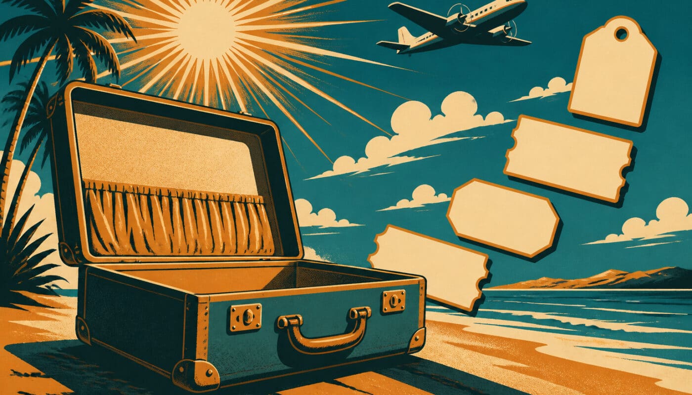 Illustration façon affiche de voyage vintage : une valise ouverte sur une plage au soleil rayonnant, quatre titres de transport posés en escalier et un avion d'époque en fond
