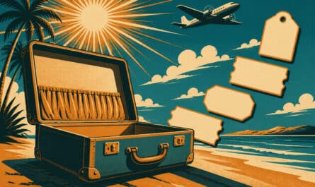 Illustration façon affiche de voyage vintage : une valise ouverte sur une plage au soleil rayonnant, quatre titres de transport posés en escalier et un avion d'époque en fond