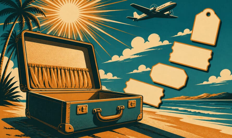 Illustration façon affiche de voyage vintage : une valise ouverte sur une plage au soleil rayonnant, quatre titres de transport posés en escalier et un avion d'époque en fond
