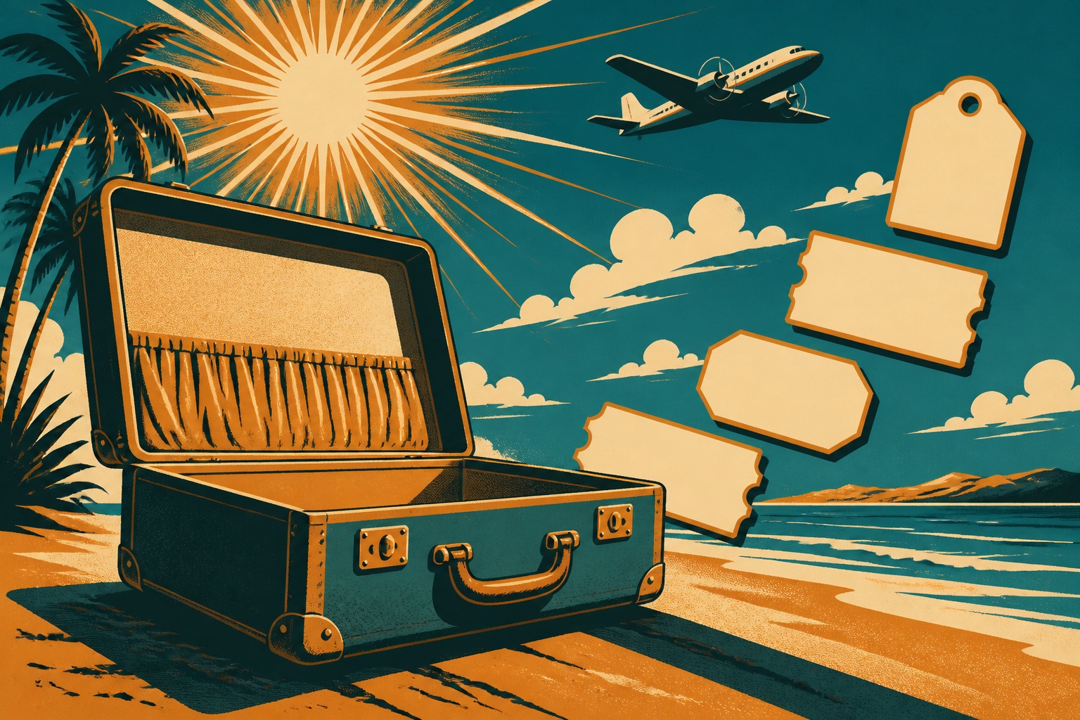 Illustration façon affiche de voyage vintage : une valise ouverte sur une plage au soleil rayonnant, quatre titres de transport posés en escalier et un avion d'époque en fond
