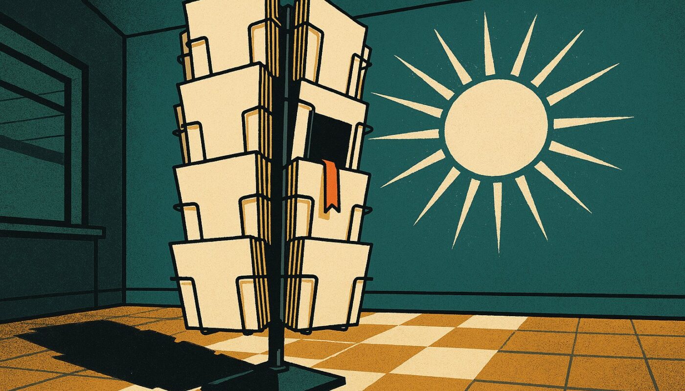 Illustration affiche vintage d un presentoir a brochures de voyage avec un casier vide au centre