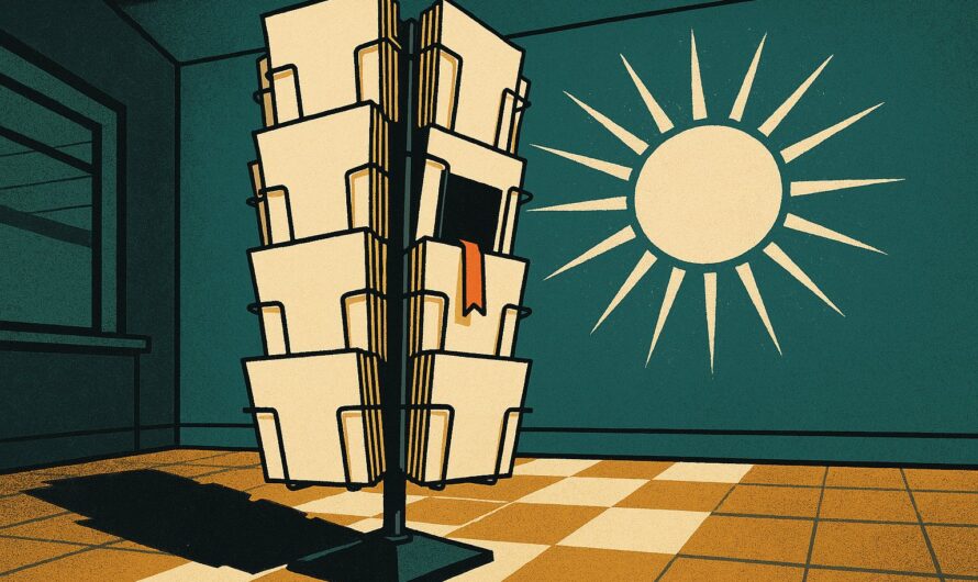 Illustration affiche vintage d un presentoir a brochures de voyage avec un casier vide au centre