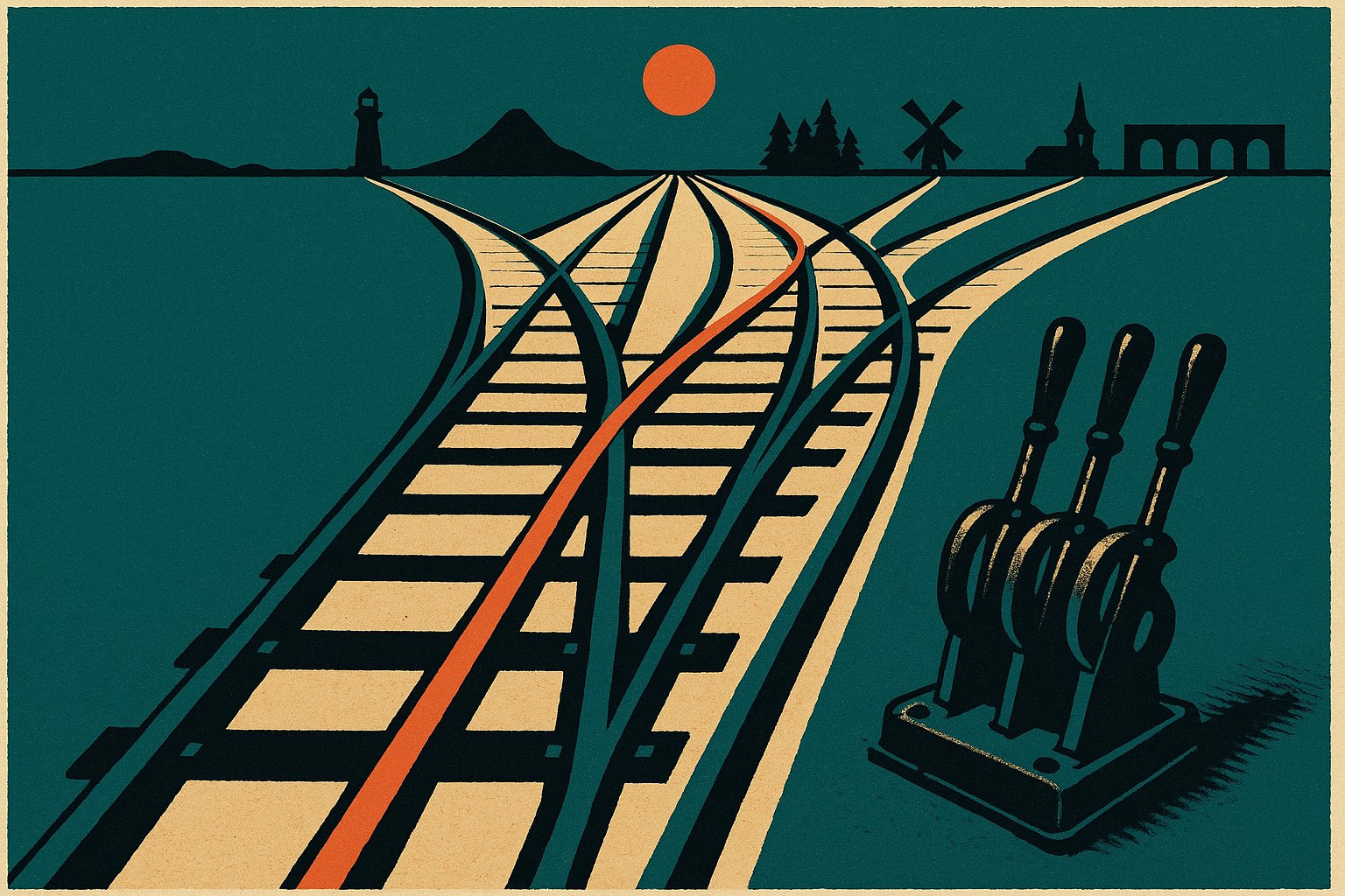 Illustration affiche vintage d un aiguillage ferroviaire dont les voies se separent vers six destinations differentes
