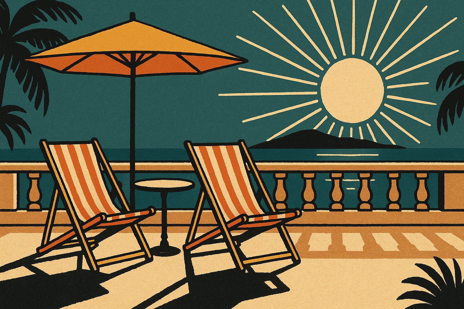 Illustration affiche vintage de deux transats et d un parasol sur une terrasse face a la mer au soleil couchant